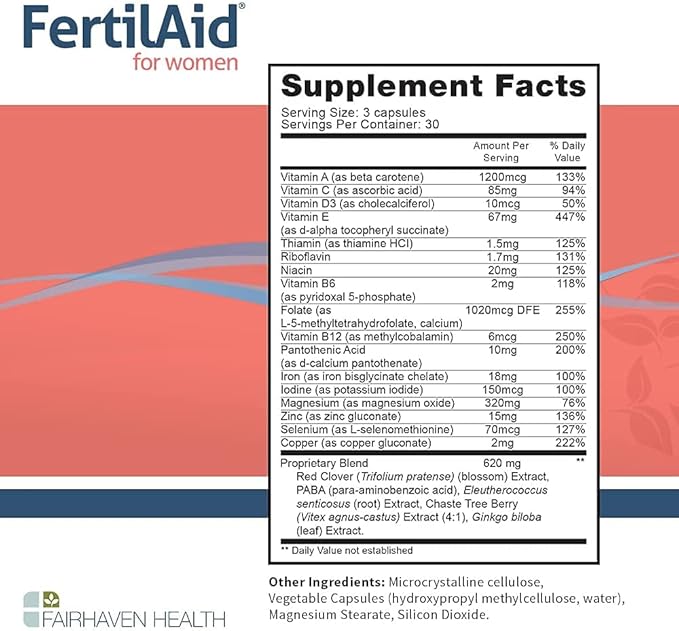 FertilAid for Women, Fertility Supplement for Women & Natural Fertility Vitamin with Vitex, Support Female Cycle Regularity & Ovulation, Comprehensive Prenatal Multivitamin with Folate, 3 Month Supply