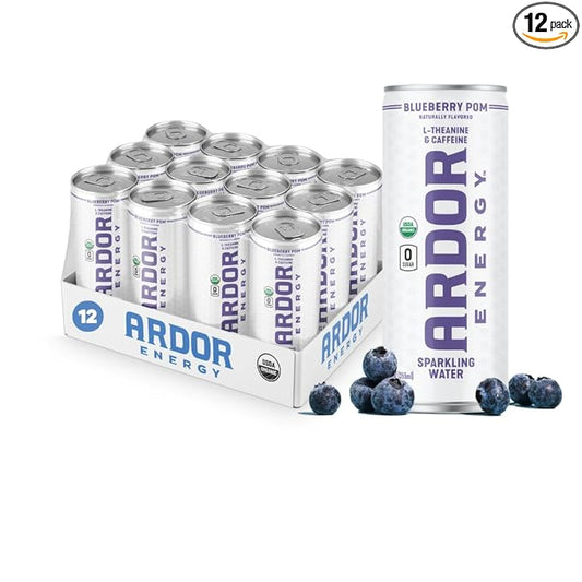 ARDOR ENERGY Sparkling Water Blueberry Pom 12 pack with 100mg Organic Caffeine from Green Tea & 200mg Organic L-Theanine (Focus & Calm). No Sugar. No Calories. Vegan. Gluten Free.