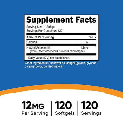 Nutricost Astaxanthin 12mg, Non-GMO and Gluten 120 Softgels (4 Month