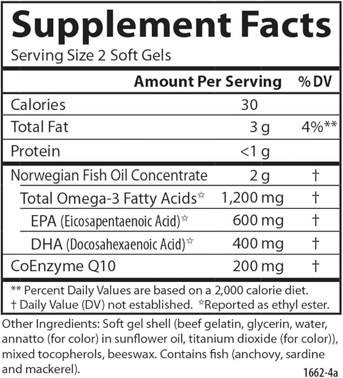 Carlson - Super Omega-3 Gems + CoQ10, 1200 1200 mg Omega-3s 200 200 mg CoQ10, Circulation 120 Softgels