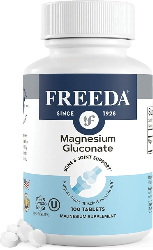 Freeda Magnesium Gluconate - Kosher Vegan Magnesium Supplement for Men & Women - Leg & Muscle Cramp and Spasm Relief - Natural Muscle Relaxer - Magnesio Vitamins and Supplements (100 Tablets)