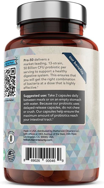 Vitamin Bounty Pro-50 Probiotic - 50 Billion Organisms and 13 Probiotic Strains That Promote Gut Health, Digestive Health Probiotic, Delayed Release Capsule with Prebiotic Greens - 60 Capsules