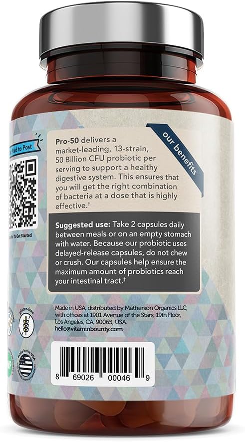 Vitamin Bounty Pro-50 Probiotic - 50 Billion Organisms and 13 Probiotic Strains That Promote Gut Health, Digestive Health Probiotic, Delayed Release Capsule with Prebiotic Greens - 60 Capsules