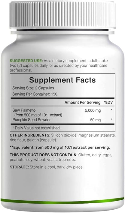 Saw Palmetto Supplement 5000 mg with Pumpkin Seed, 300 Capsules | Promotes Prostate Health | DHT Blocker | Hair Growth Vitamins, Maintain Normal Urinary Frequency
