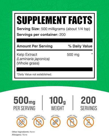 BulkSupplements.com Kelp Extract Powder - Kelp Supplement, Kelp Powder, Brown Seaweed Extract - Seaweed Supplement, Gluten Free, 500mg per Serving, 100g (3.5 oz) (Pack of 1)