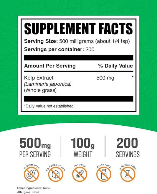 BulkSupplements.com Kelp Extract Powder - Kelp Supplement, Kelp Powder, Brown Seaweed Extract - Seaweed Supplement, Gluten Free, 500mg per Serving, 100g (3.5 oz) (Pack of 1)