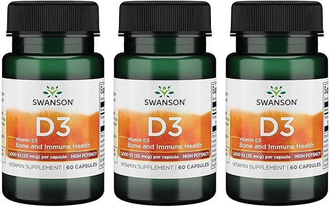 Swanson High Potency Vitamin D-3 1000 (25 mcg) 60 Capsules (3 Pack)