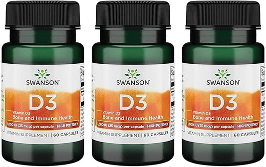 Swanson High Potency Vitamin D-3 1000 (25 mcg) 60 Capsules (3 Pack)