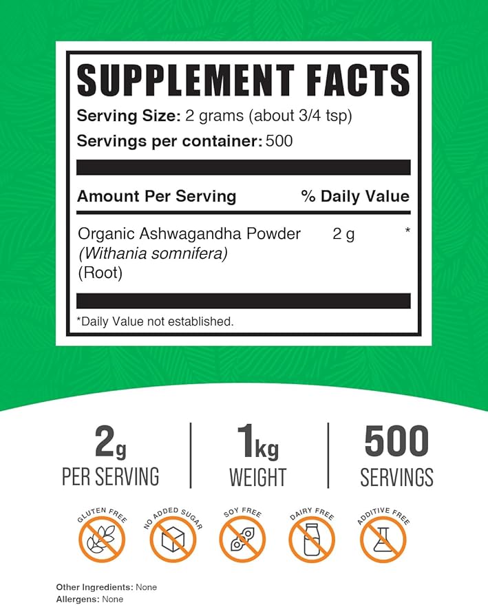 BulkSupplements.com Organic Ashwagandha Powder 2g per 1kg (2.2 (2.2 lbs) 1)
