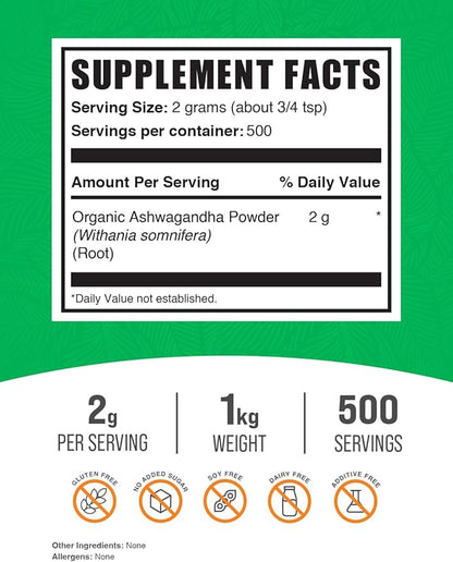 BulkSupplements.com Organic Ashwagandha Powder 2g per 1kg (2.2 (2.2 lbs) 1)