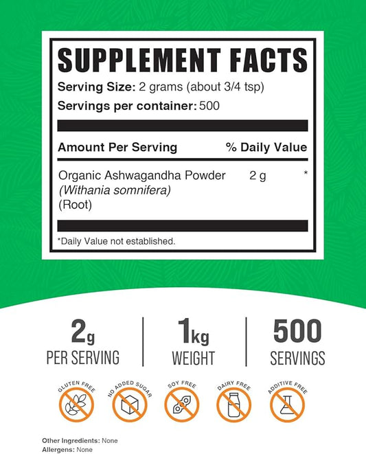 BulkSupplements.com Organic Ashwagandha Powder 2g per 1kg (2.2 (2.2 lbs) 1)