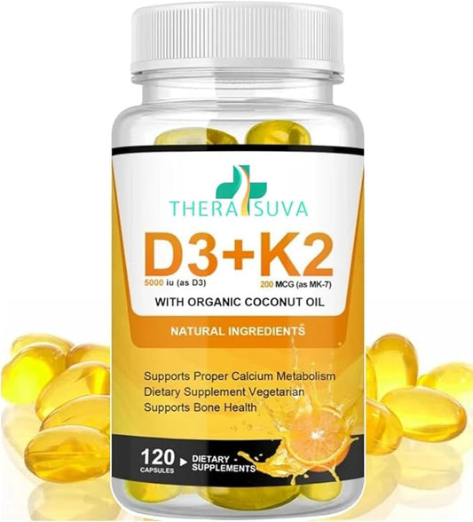 High Potency Vegan K2 (MK 7) 200mcg + D3 5000iu 5000iu w/Organic 120 SoftGels 60-Day Supply