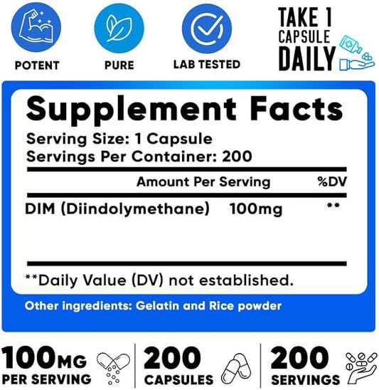 We Like Vitamins DIM 100mg 200 Capsules - 200 Day Supply - Diindolylmethane DIM Supplement for Support with Healthy Estrogen and Hormone Levels