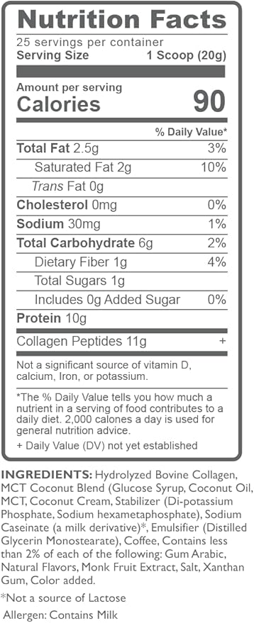 Peptide Powder with Premium Columbian Coffee; Grass-Fed; Keto Friendly, MCT Coconut Oil Powder, Soy Free, Gluten Free, Sugar Free, 40mg Caffeine/SVG; Mocha Hazelnut 25 Servings
