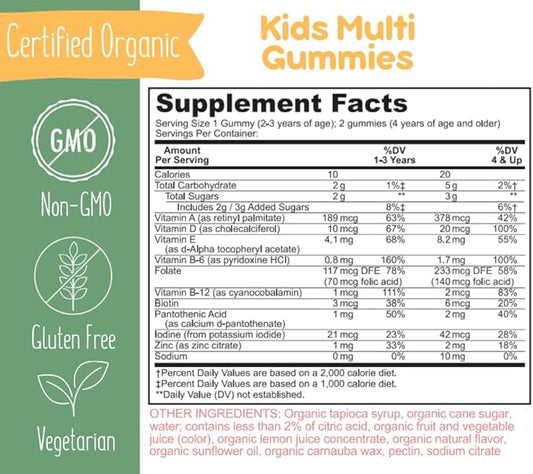 J's Homemade Organic Kids Multi Vitamin Gummies | USDA Organic | Vegetarian | Gluten Free | Multivitamin