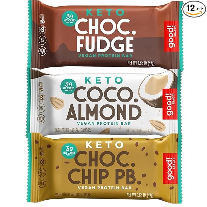 good! Snacks Keto Vegan Protein Bars, Variety Pack, Gluten Free Keto Snack Bar, Low Carb, Low Sugar Meal Replacement, 11g Protein, 3g Net Carbs, 12 Bars