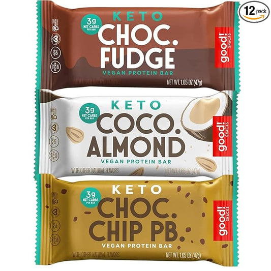 good! Snacks Keto Vegan Protein Bars, Variety Pack, Gluten Free Keto Snack Bar, Low Carb, Low Sugar Meal Replacement, 11g Protein, 3g Net Carbs, 12 Bars