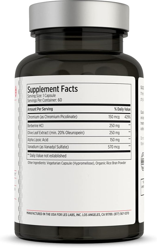 LES Labs Insulin Health – Metabolic Health and Support, Lipid & Carbohydrate Metabolism – Berberine, Chromium, Olive Leaf, Alpha Lipoic Acid & Vanadium – Non-GMO Supplement – 60 Capsules