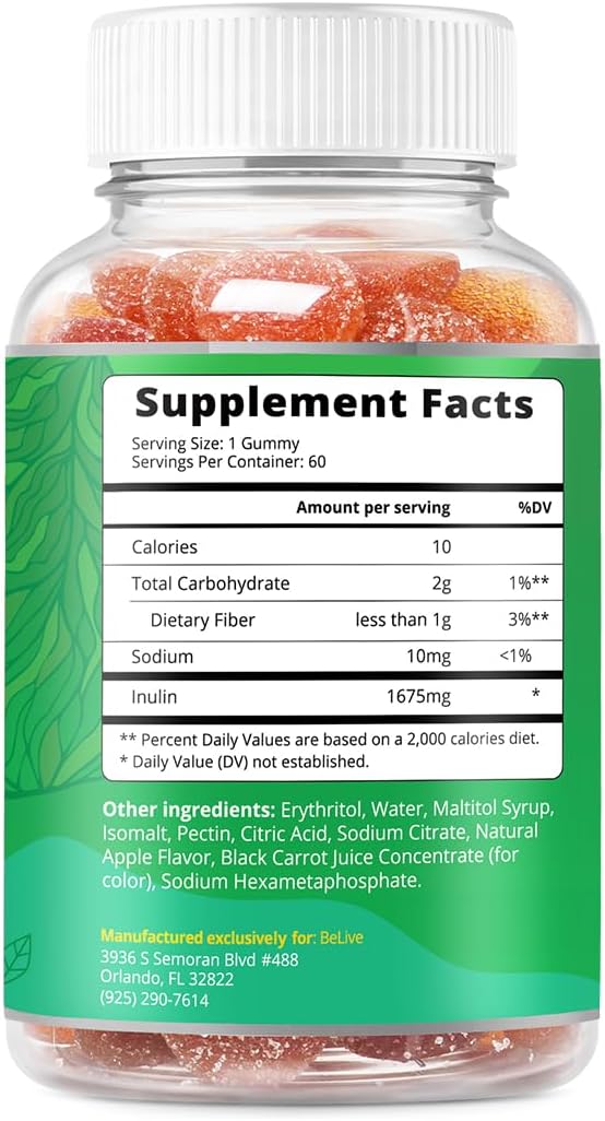 BeLive Fiber Gummies - Prebiotic Fiber Supplement with Chicory Root & Inulin for Digestive Support & Overall Gut Health I Vegan, Sugar Free Gummies for Adults & Children | 60 Ct - Apple Flavor