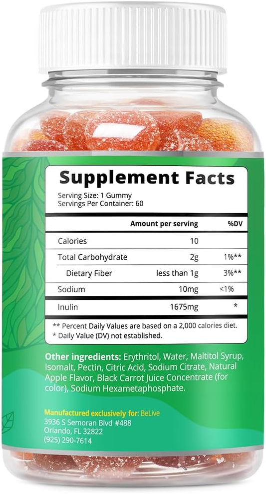 BeLive Fiber Gummies - Prebiotic Fiber Supplement with Chicory Root & Inulin for Digestive Support & Overall Gut Health I Vegan, Sugar Free Gummies for Adults & Children | 60 Ct - Apple Flavor