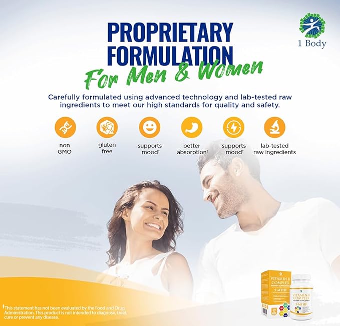1 Body Vitamin B Complex Twin 5-MTHF Folate B1, B2, B2, B5, B5, B6, B6, Methyl B12, Niacin, 60 capsules