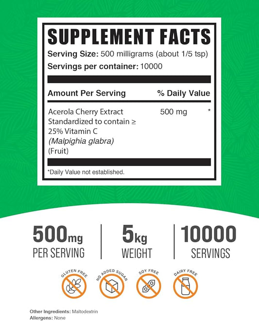 BulkSupplements.com Acerola Cherry Extract Powder 500mg per 5kg (11 (11 lbs) 5)