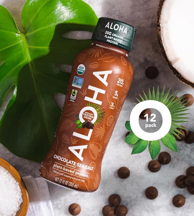 ALOHA Organic Plant Based Chocolate Sea Salt Protein Shake w/MCT Oil (12 ct, 12oz Bottle) 20g Protein, Meal Replacement, Low Sugar & Carb, Gluten-Free, Paleo, Non-GMO, No Soy, Stevia or Sugar Alcohol…