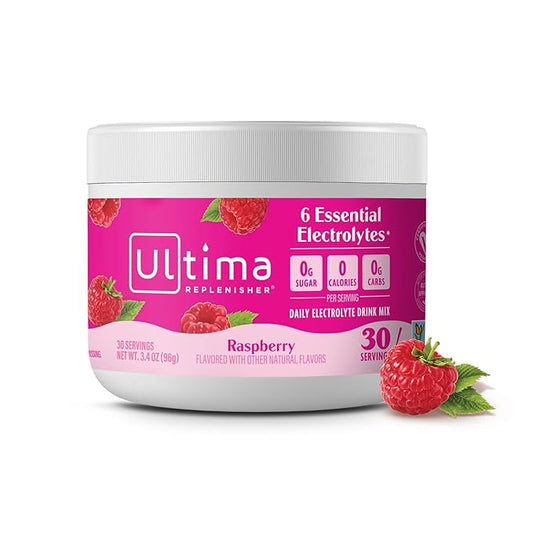 Ultima Replenisher Daily Electrolyte Powder Drink Mix – Raspberry, 30 Servings – Hydration Powder with 6 Key Electrolytes and Trace Minerals – Keto Friendly, Vegan, Non-GMO and Sugar-Free