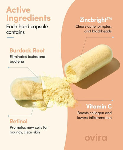 Ovira Skin Clear with ZINCBRIGHT - 60 Capsules for Clear and Glowing Skin | Rosacea & Hormonal Acne Treatment | Support Collagen Production | Acne Supplements for Women & Men - Pack of 2