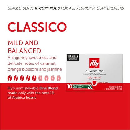 Illy Coffee K Cups - Coffee Pods For Keurig Coffee Maker – Classico Roast - Caramel, Orange Blossom & Jasmine - Mild, Flavorful & Balanced Flavor Pods of Coffee - No Preservatives – 32 Count, 4 Pack