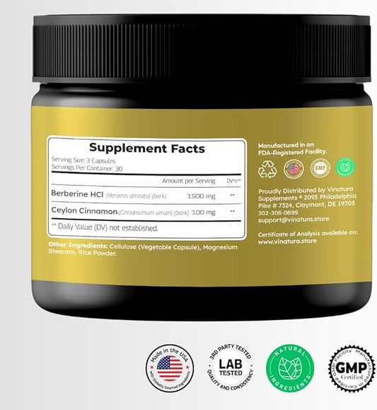 Berberine 1500mg - Berberine Supplement with Ceylon Cinnamon, Max Potency Berberine HCL - 90 Capsules