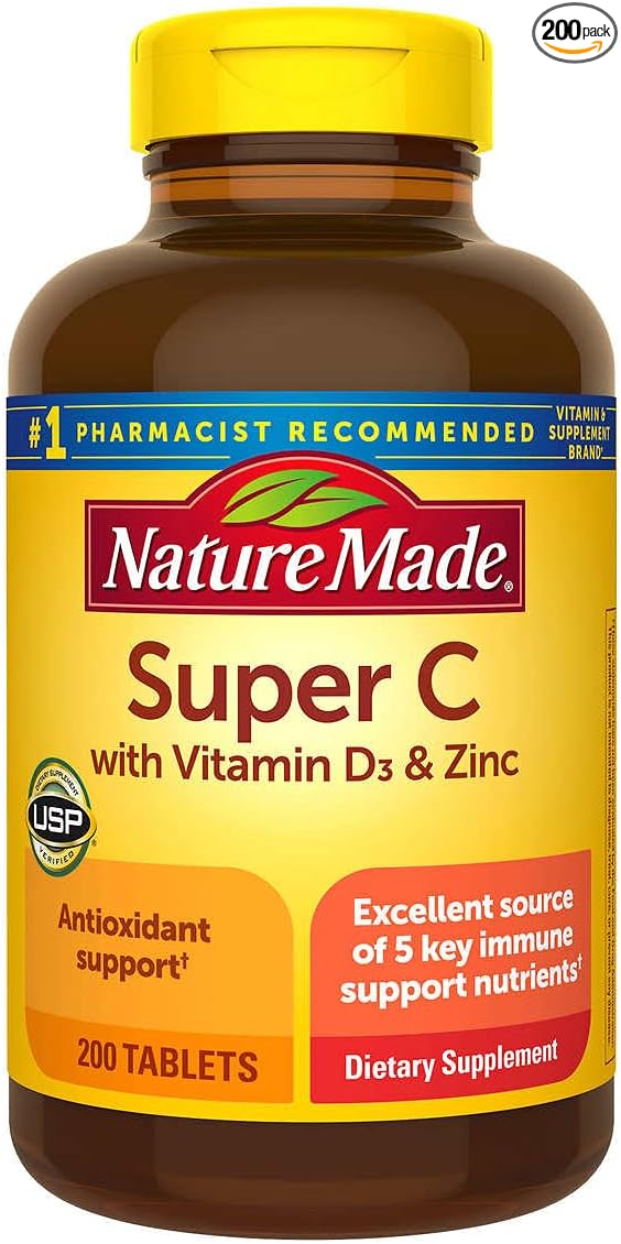 Nature Made Super C with Vitamin D3 and 200 Tablets (900 mg), (450 mcg), D3 (25 (25 mcg/1000 mcg/1000 IU), (15 mg) (11 mg) 100 Day