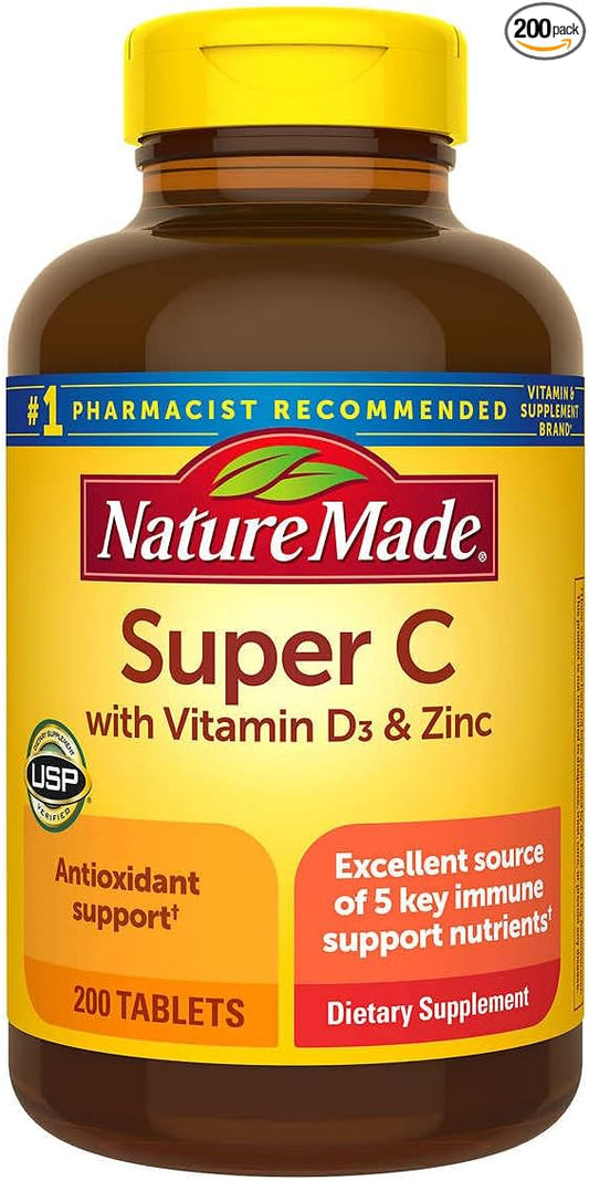 Nature Made Super C with Vitamin D3 and 200 Tablets (900 mg), (450 mcg), D3 (25 (25 mcg/1000 mcg/1000 IU), (15 mg) (11 mg) 100 Day