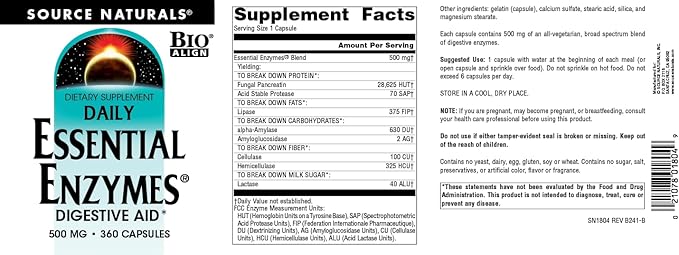 Source Naturals Essential Enzymes 500mg, Bio-Aligned 360 Capsules