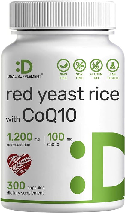 Deal Supplement Red Yeast Rice 1,200mg Per Serving with CoQ10, 300 Capsules - Antioxidant Support - Pure Monascus Purpureus Powder Source - Citrinin Free, Non-GMO