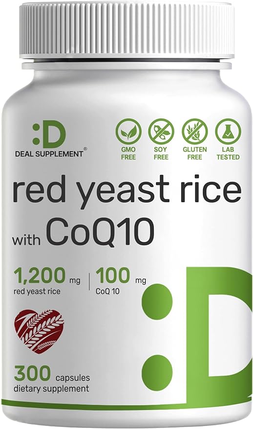 Deal Supplement Red Yeast Rice 1,200mg Per Serving with CoQ10, 300 Capsules - Antioxidant Support - Pure Monascus Purpureus Powder Source - Citrinin Free, Non-GMO