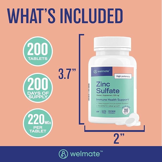 WELMATE Zinc Sulfate 220mg | Dietary Supplement | Immune Health Support | 200 Count Tablets