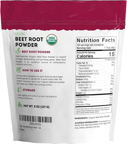 Kate Naturals Beet Root Powder Organic for Smoothie & Energy Boost. Nitric Oxide Supplement for Workout (8oz, Earth Flavor, Mix with Juice Easily)