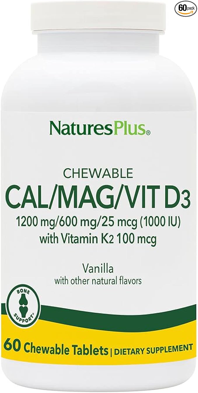 NaturesPlus Chewable Cal/Mag/VIT D3 with Vitamin K2 60 Chewable D3 and K2 - 30 Servings