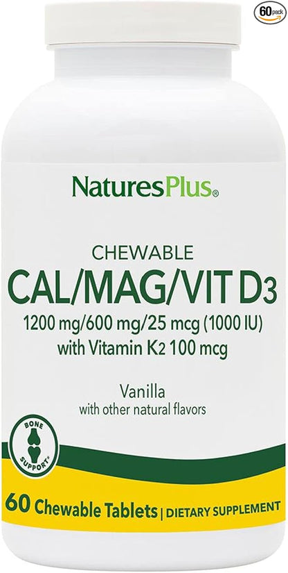 NaturesPlus Chewable Cal/Mag/VIT D3 with Vitamin K2 60 Chewable D3 and K2 - 30 Servings
