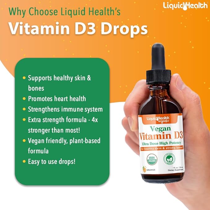 LIQUIDHEALTH Liquid Vitamin D3 5000 IU, Organic Vitamin D Liquid Drops, Adults & Kids, Vegan Liquid Vitamin D for Immune Support, Bone Health, Mood Support - (2pack)