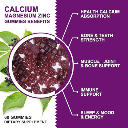 Calcium Magnesium Zinc Gummies with High 2:1 Ratio, D3 Sea Vegan-2 Pack