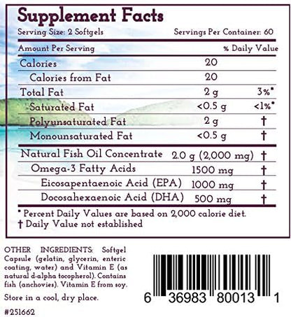 Omega-3 High Potency DHA & EPA 2000 mg 1000 mg 500 mg Health,120 Softgels
