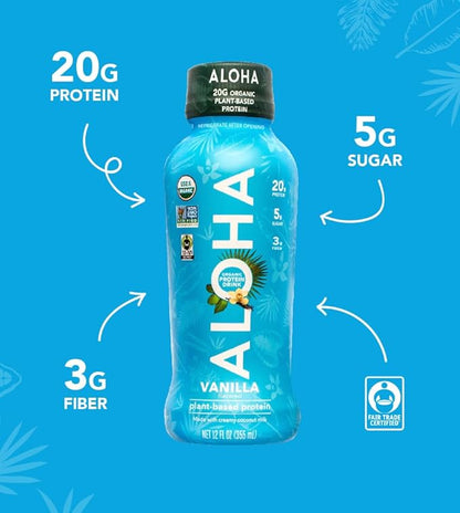 ALOHA Organic Plant Based Vanilla Ready to Drink Protein Shake w/MCT Oil (12 ct, 12oz Bottle) 20g Protein, Meal Replacement, Low Sugar & Carb, Gluten-Free, Paleo, Non-GMO, No Soy, Stevia or Sugar Alcohol…
