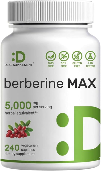 Berberine Max Supplement with Turmeric, 5,000mg 240 Veggie 97% Pure 25:1 Berberine