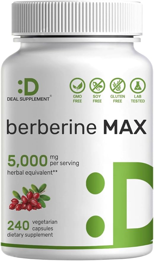 Berberine Max Supplement with Turmeric, 5,000mg 240 Veggie 97% Pure 25:1 Berberine