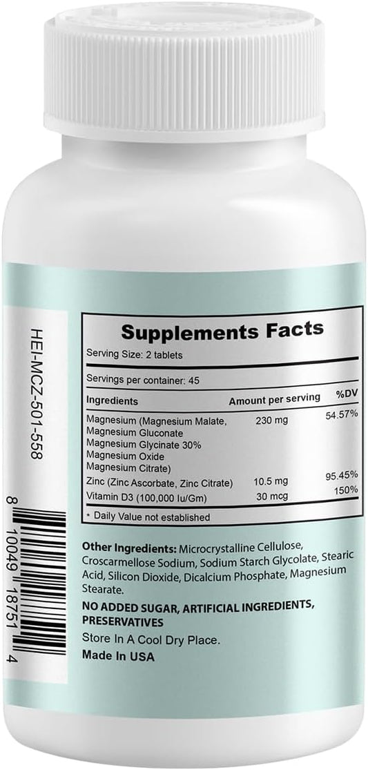 Magnesium Complex, Magnesium Glycinate, Citrate, Malate, D3, Magnesium 90 Tablets