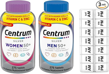 WW Centrum Silver Women's 50 Plus & Men's 50 Plus Multivitamin 275 Tablets Combo Pack, Multivitamin Supplement + 7-Day Travel Pill Organizer