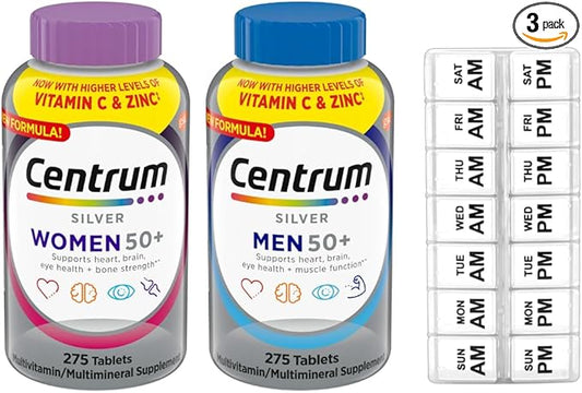 WW Centrum Silver Women's 50 Plus & Men's 50 Plus Multivitamin 275 Tablets Combo Pack, Multivitamin Supplement + 7-Day Travel Pill Organizer