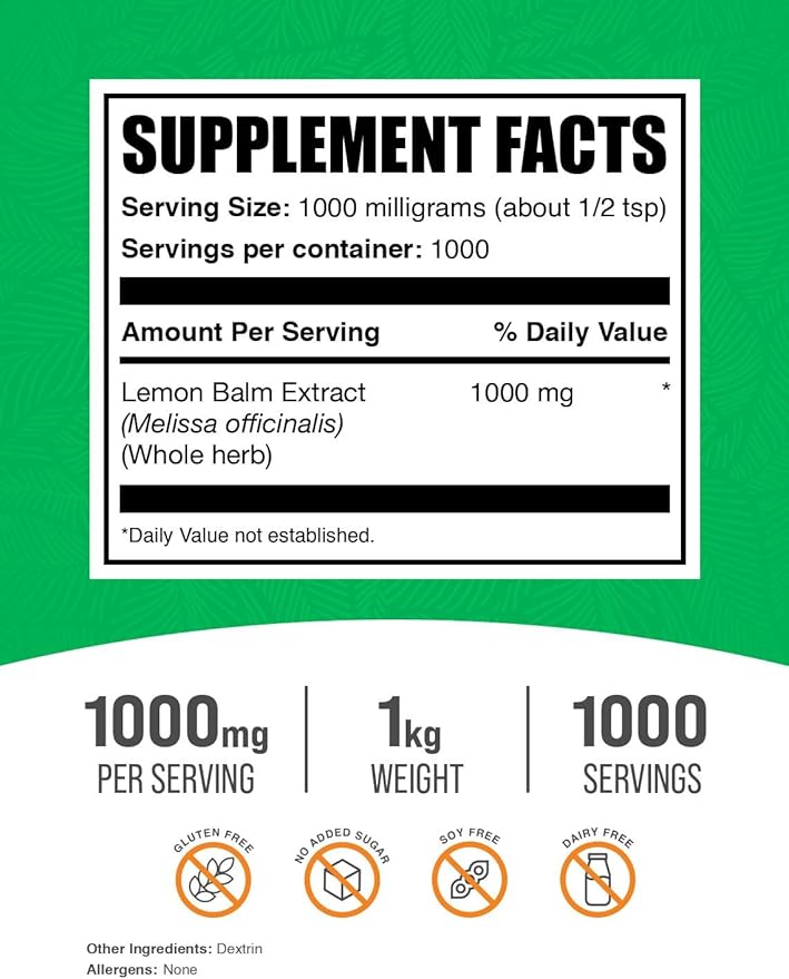 BulkSupplements.com Lemon Balm Extract Powder 1000mg per 1kg (2.2 (2.2 lbs) 1)